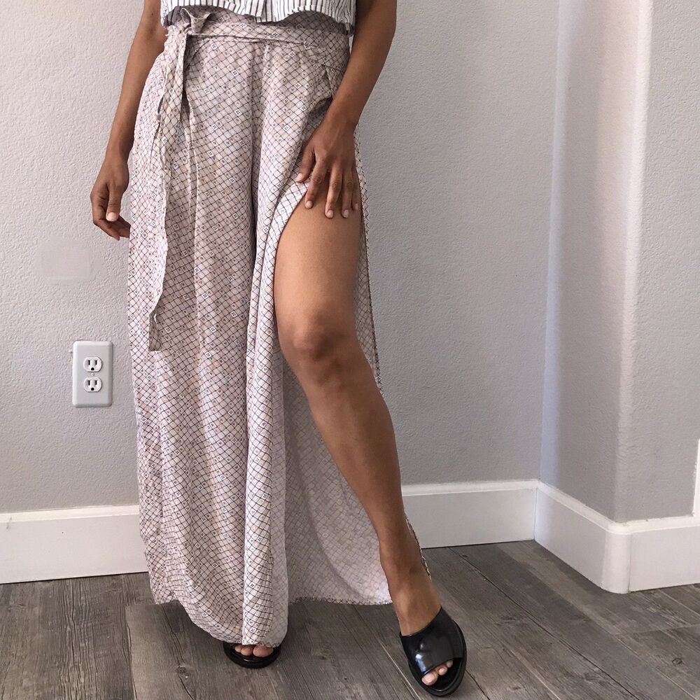 Indah Neutral Beige Geometric Print Flowy Wide Leg Pants Women's Size XS
